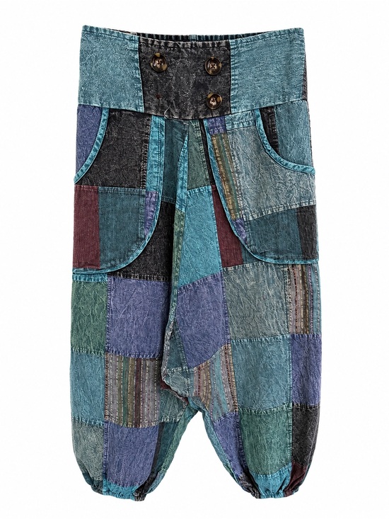 GOA Pants - GOA Patchwork Boho Harem Pants in Teal Multi (missing one decorative button)